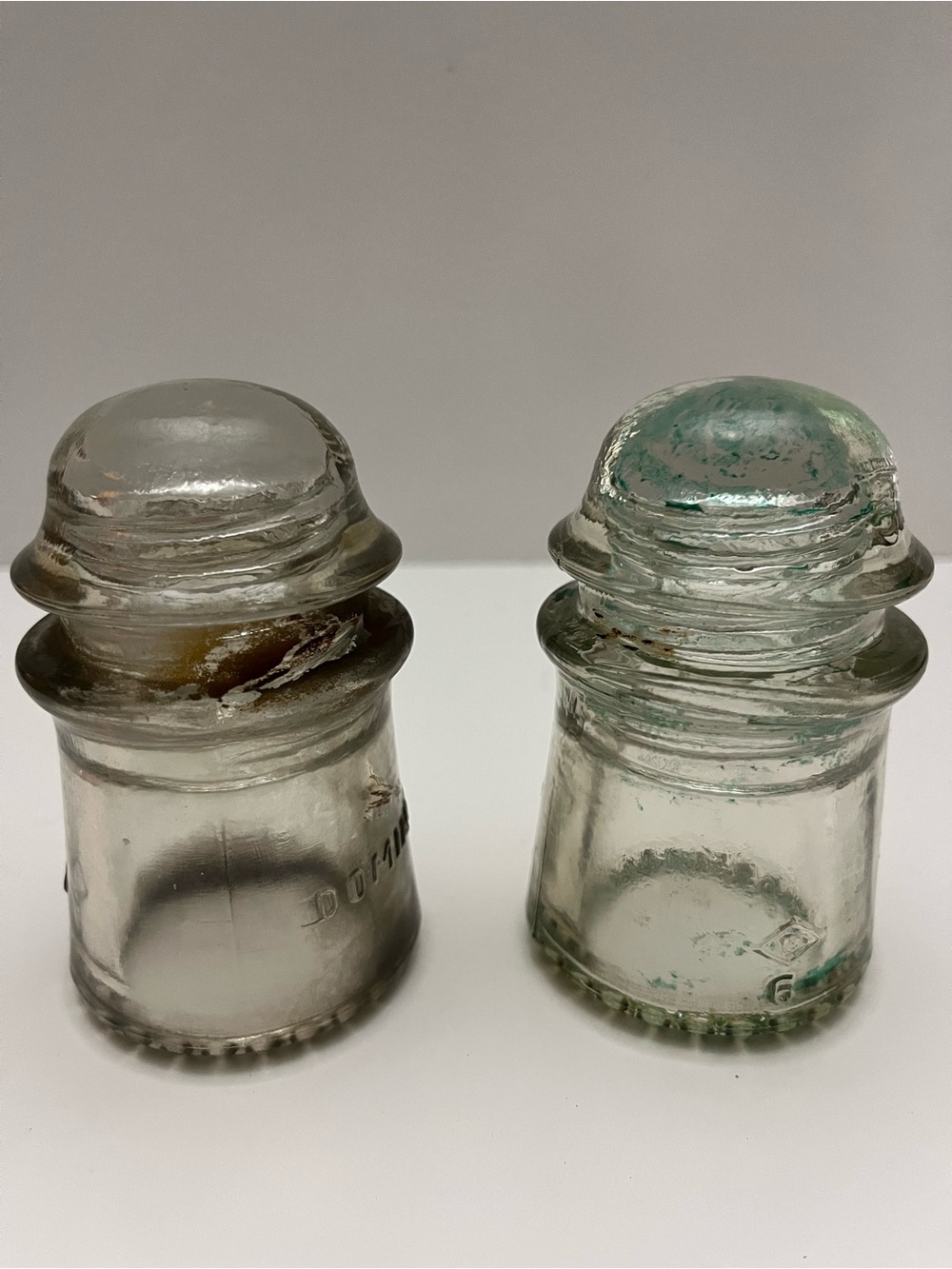 Vintage Dominion Glass Insulators Set of 2 Clear Aqua Telegraph Telephone